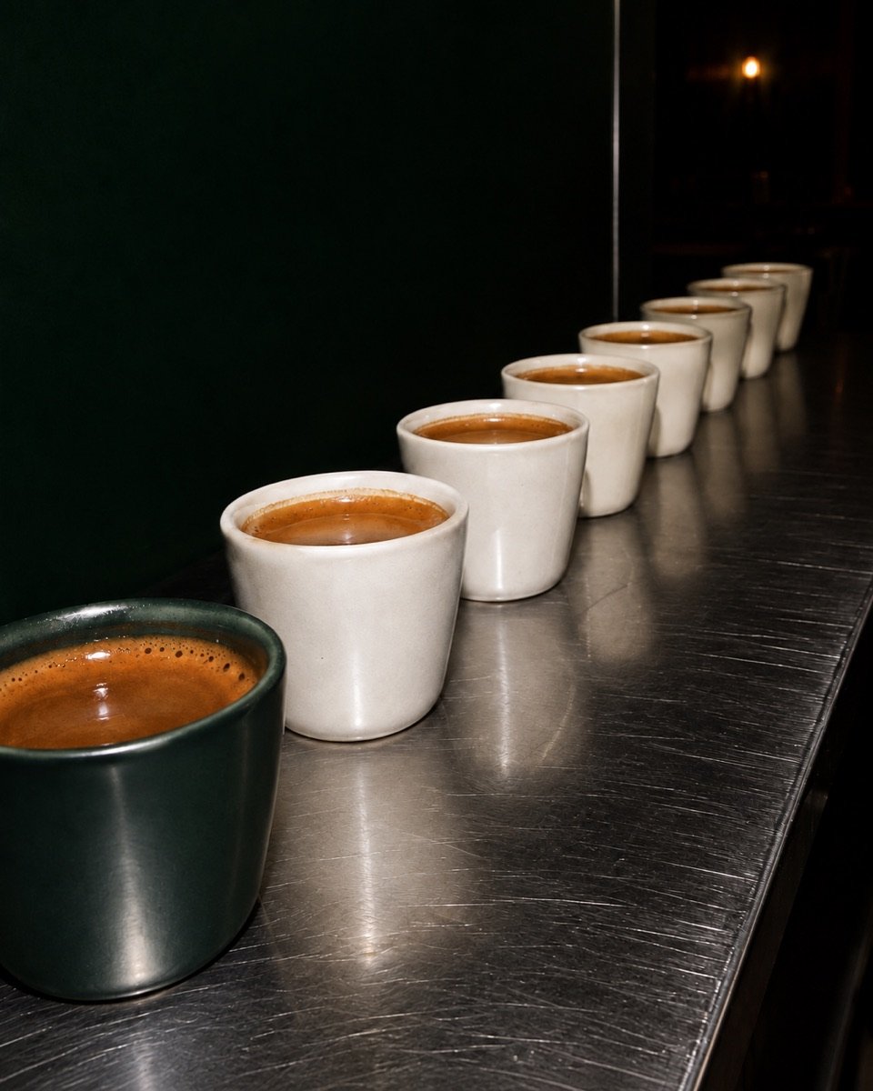 avao · Reihe Espressotassen auf Edelstahltresen