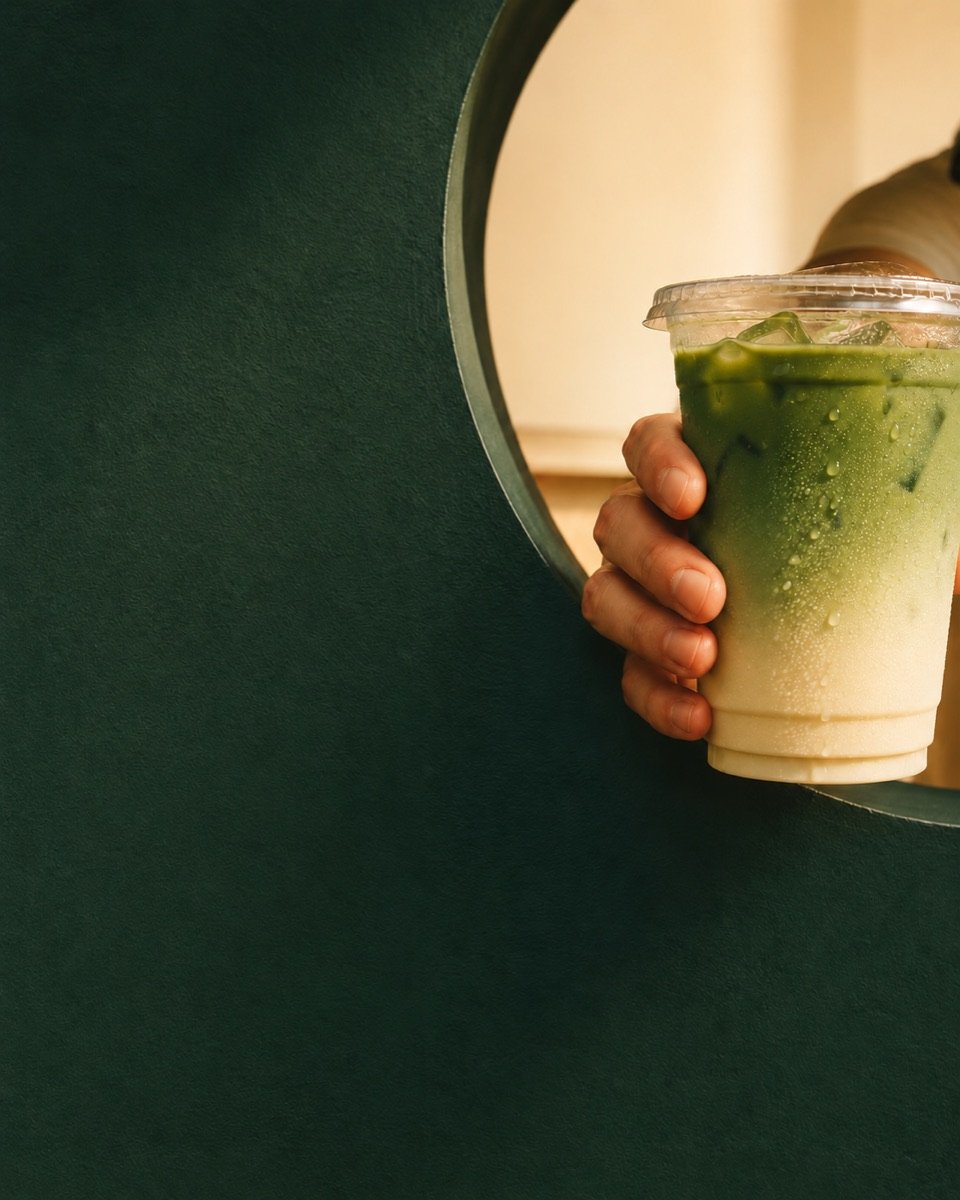 avao · Matcha Latte durch eine runde Wandöffnung gereicht